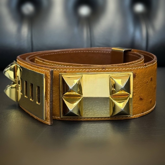 Vintage Hermès Ostrich Collier De Chien Cognac Brown Belt main image 11